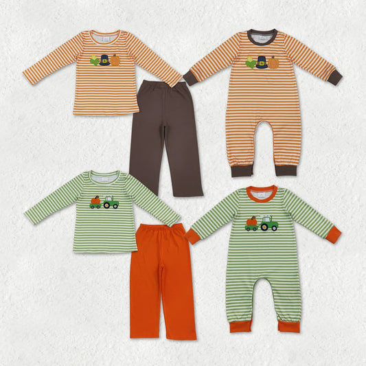 Sibling Baby Boys Embroidery Pumpkins Trucks Stripe Top Pant Fall Clothes Sets Rompers