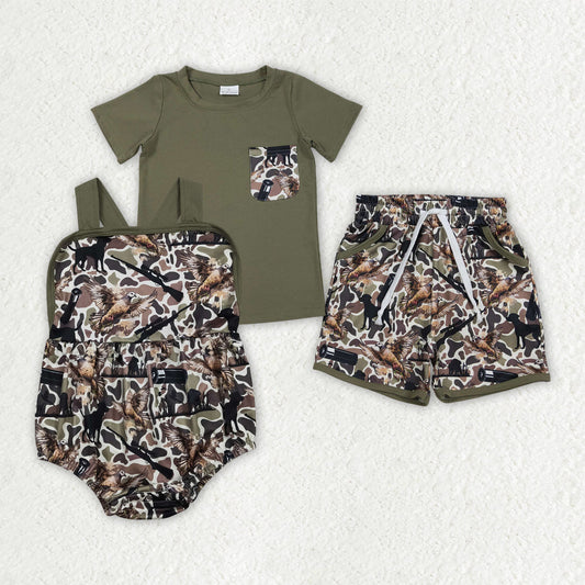 Sibling Baby Boys Shirt Top Dog Ducks Camo Pockets Short Hunting Clothes Set Strap Rompers