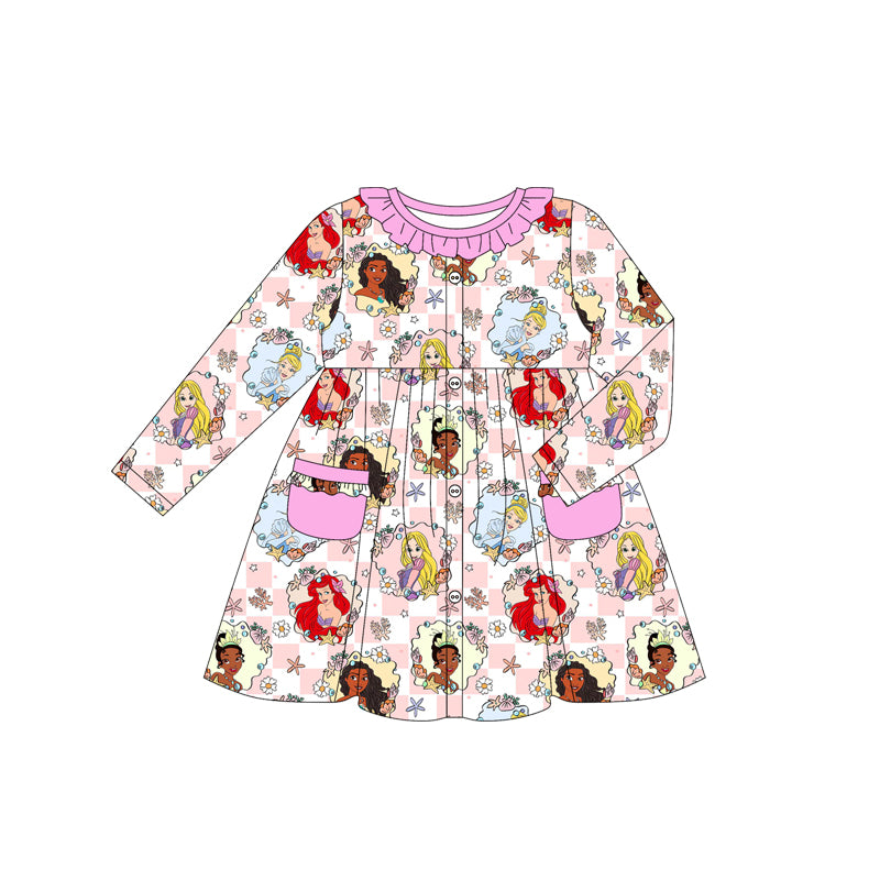(Custom Design Preorder MOQ 5)  Cartoon Princess Flowers Plaid Print Girls Long Sleeve Pockets Dress