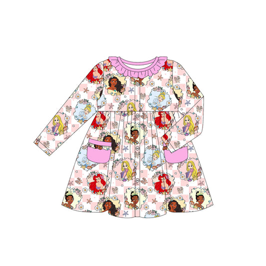 (Custom Design Preorder MOQ 5)  Cartoon Princess Flowers Plaid Print Girls Long Sleeve Pockets Dress