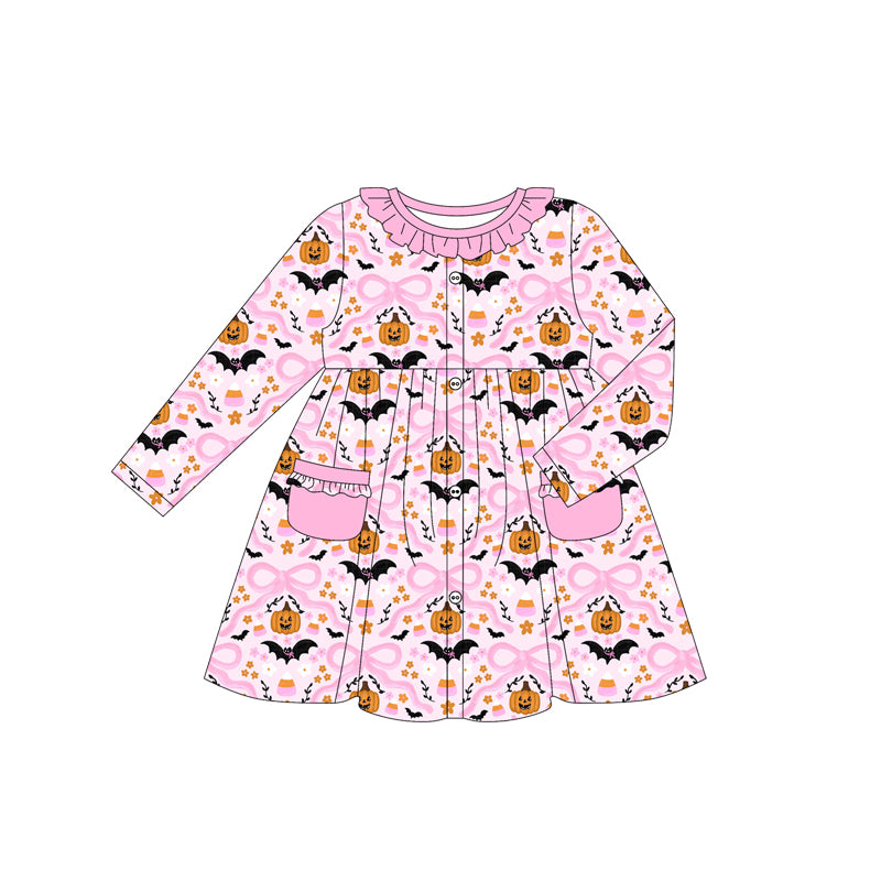 (Custom Design Preorder MOQ 5)  Pumpkin Candy Bows Pink Print Girls Halloween Long Sleeve Pockets Dress