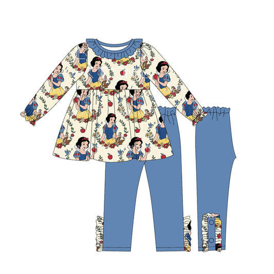 (Custom Design Preorder MOQ 5) Cartoon Princess Apple Tunic Top Legging Pants Girls Clothes Set