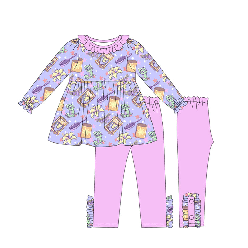 (Custom Design Preorder MOQ 5) Cartoon Princess Rapunze* Purple Tunic Top Legging Pants Girls Clothes Set