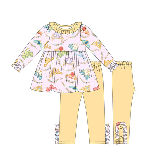 (Custom Design Preorder MOQ 5) Cartoon Princess Crown Tunic Top Legging Pants Girls Clothes Set