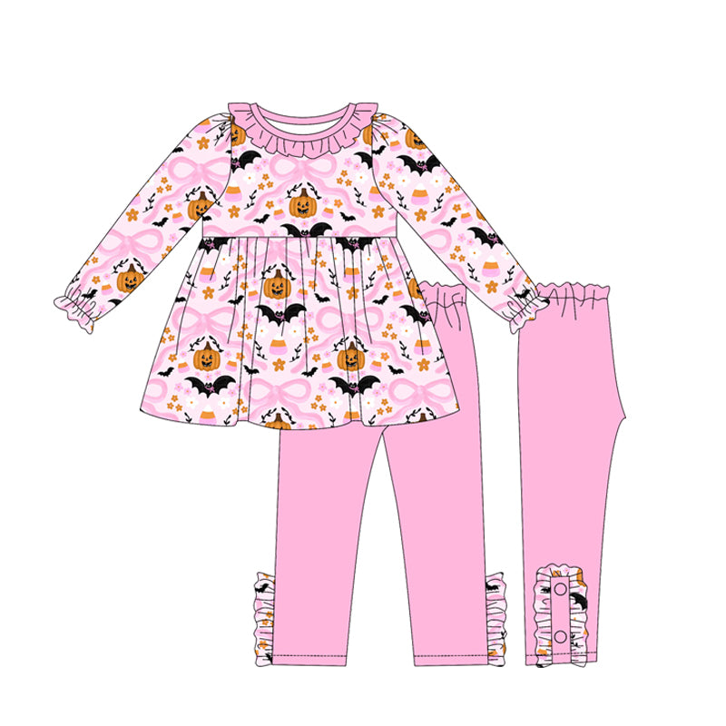 (Custom Design Preorder MOQ 5) Pumpkin Candy Bows Pink Tunic Top Legging Pants Girls Halloween Clothes Set