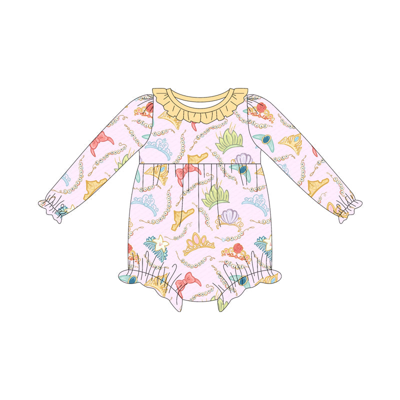 (Custom Design Preorder MOQ 5 ) Cartoon Princess Crown Print Baby Girls Long Sleeve Romper