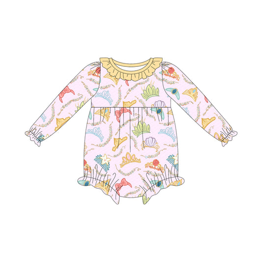 (Custom Design Preorder MOQ 5 ) Cartoon Princess Crown Print Baby Girls Long Sleeve Romper
