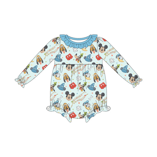 (Custom Design Preorder MOQ 5 ) Cartoon Mouse Blue Print Baby Girls Long Sleeve Romper