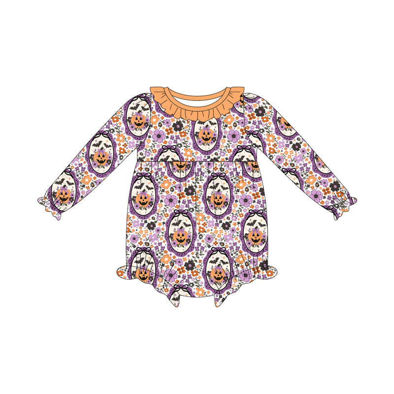 (Custom Design Preorder MOQ 5 ) Pumpkin Flowers Bows Print Baby Girls Halloween Long Sleeve Romper