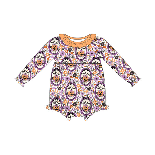 (Custom Design Preorder MOQ 5 ) Pumpkin Flowers Bows Print Baby Girls Halloween Long Sleeve Romper
