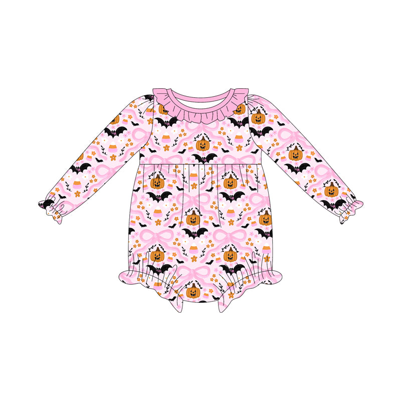 (Custom Design Preorder MOQ 5 ) Pumpkin Candy Bows Pink Print Baby Girls Halloween Long Sleeve Romper