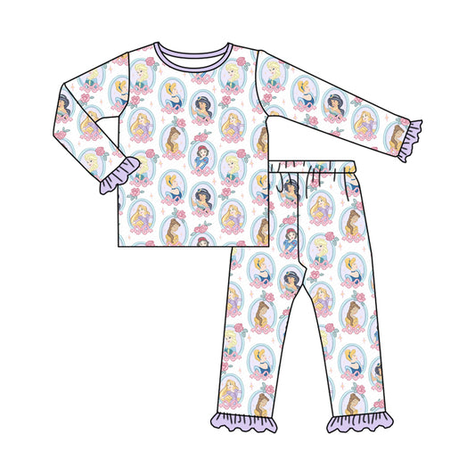(Custom Design Preorder MOQ 5) Cartoon Princess Flowers Bows Print Girls Pajamas Clothes Set