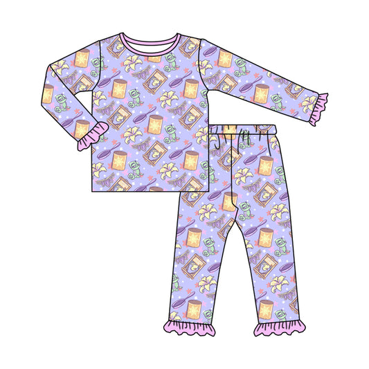 (Custom Design Preorder MOQ 5) Cartoon Princess Rapunze* Purple Print Girls Pajamas Clothes Set