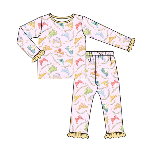 (Custom Design Preorder MOQ 5) Cartoon Princess Crown Print Girls Pajamas Clothes Set