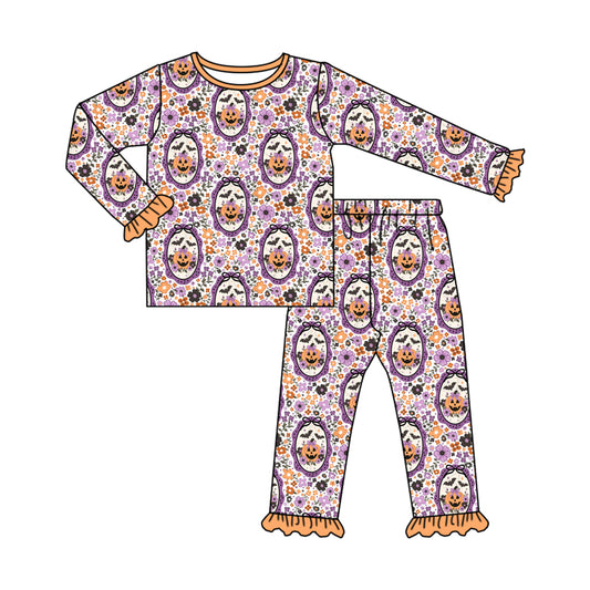 (Custom Design Preorder MOQ 5) Pumpkin Flowers Bows Print Girls Halloween Pajamas Clothes Set
