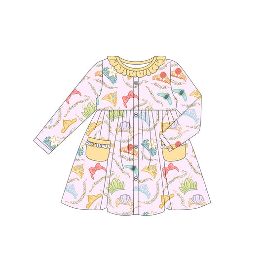 (Custom Design Preorder MOQ 5)  Cartoon Princess Crown Print Girls Long Sleeve Pockets Dress