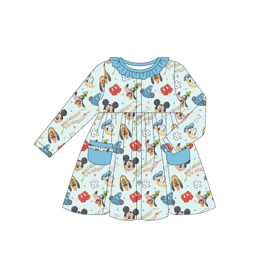 (Custom Design Preorder MOQ 5)  Cartoon Mouse Blue Print Girls Long Sleeve Pockets Dress