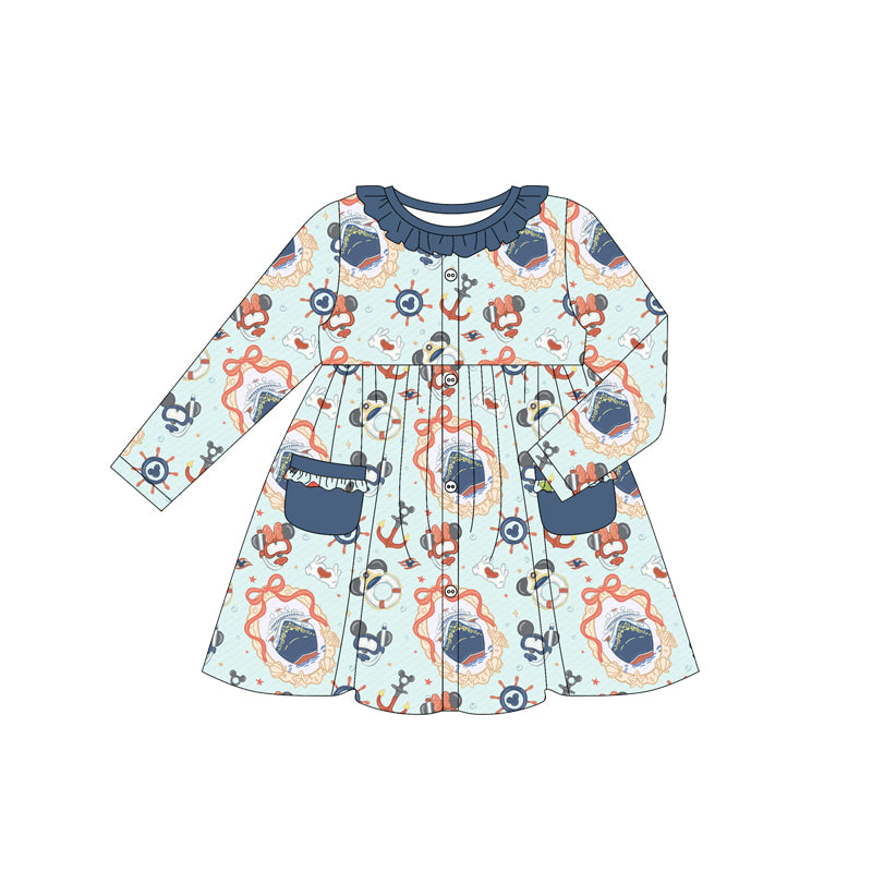 (Custom Design Preorder MOQ 5)  Cartoon Mouse Boat Bows Print Girls Long Sleeve Pockets Dress