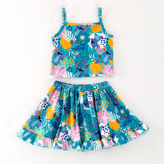 (Custom Design Preorder MOQ 5) Cartoon Stitc* Crop Strap Top Skirts Girls Summer Outfits