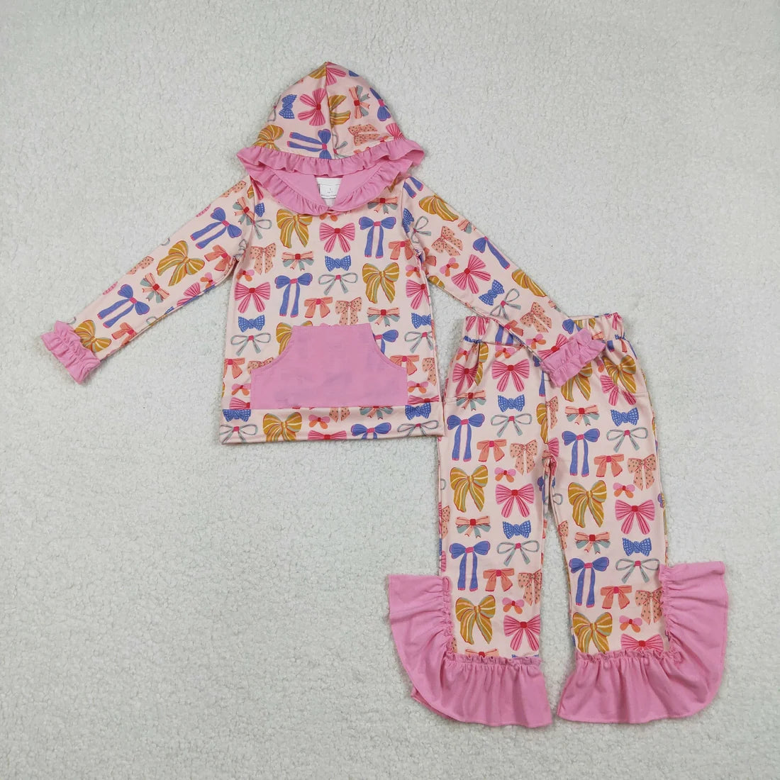 Baby Girls Colorful Bow Pocket Hoodie Top Ruffle Pants Outfit