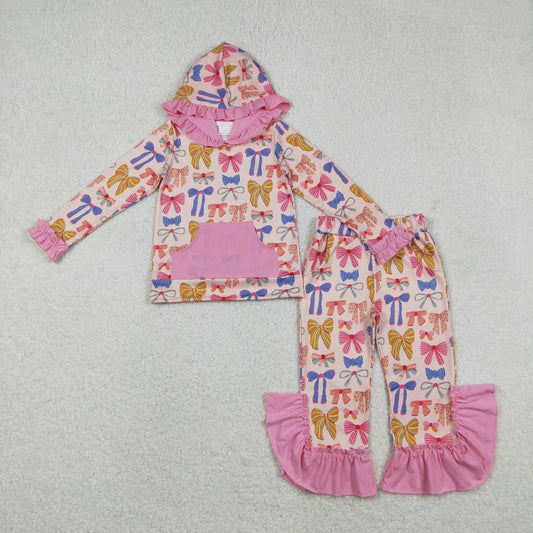 Baby Girls Colorful Bow Pocket Hoodie Top Ruffle Pants Outfit