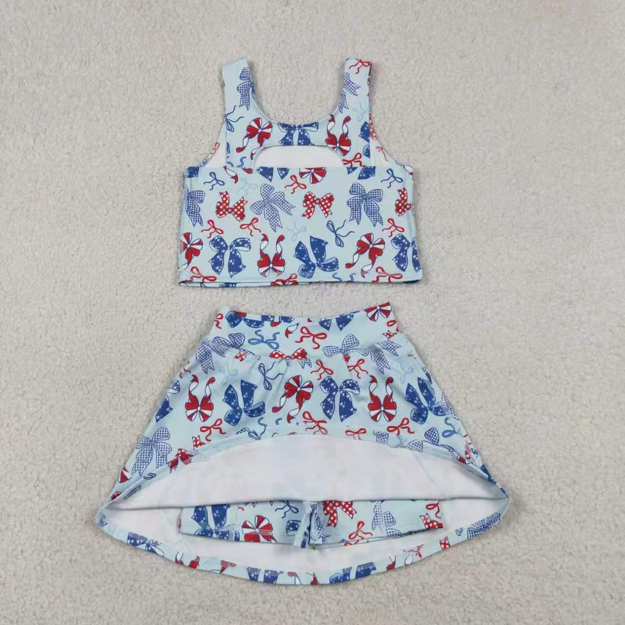 Toddler Girls Sibling July 4th Bow Sleeveless Crop Top & Skort Set Summer Activewear
