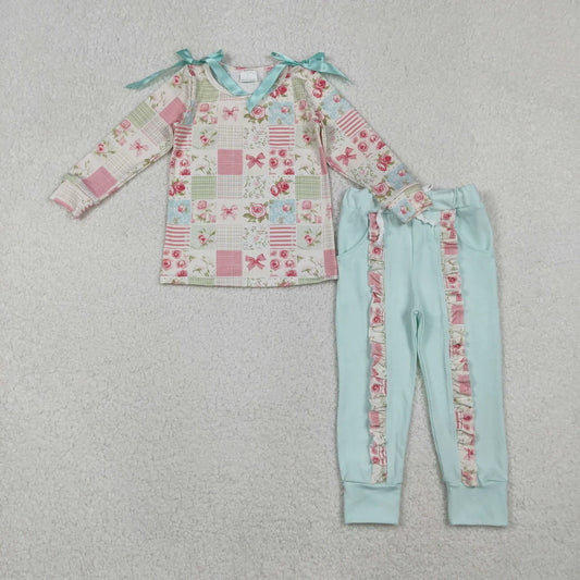 Baby Girls Flowers Checked Bows Top Ruffle Pockets Pants Clothes Sets