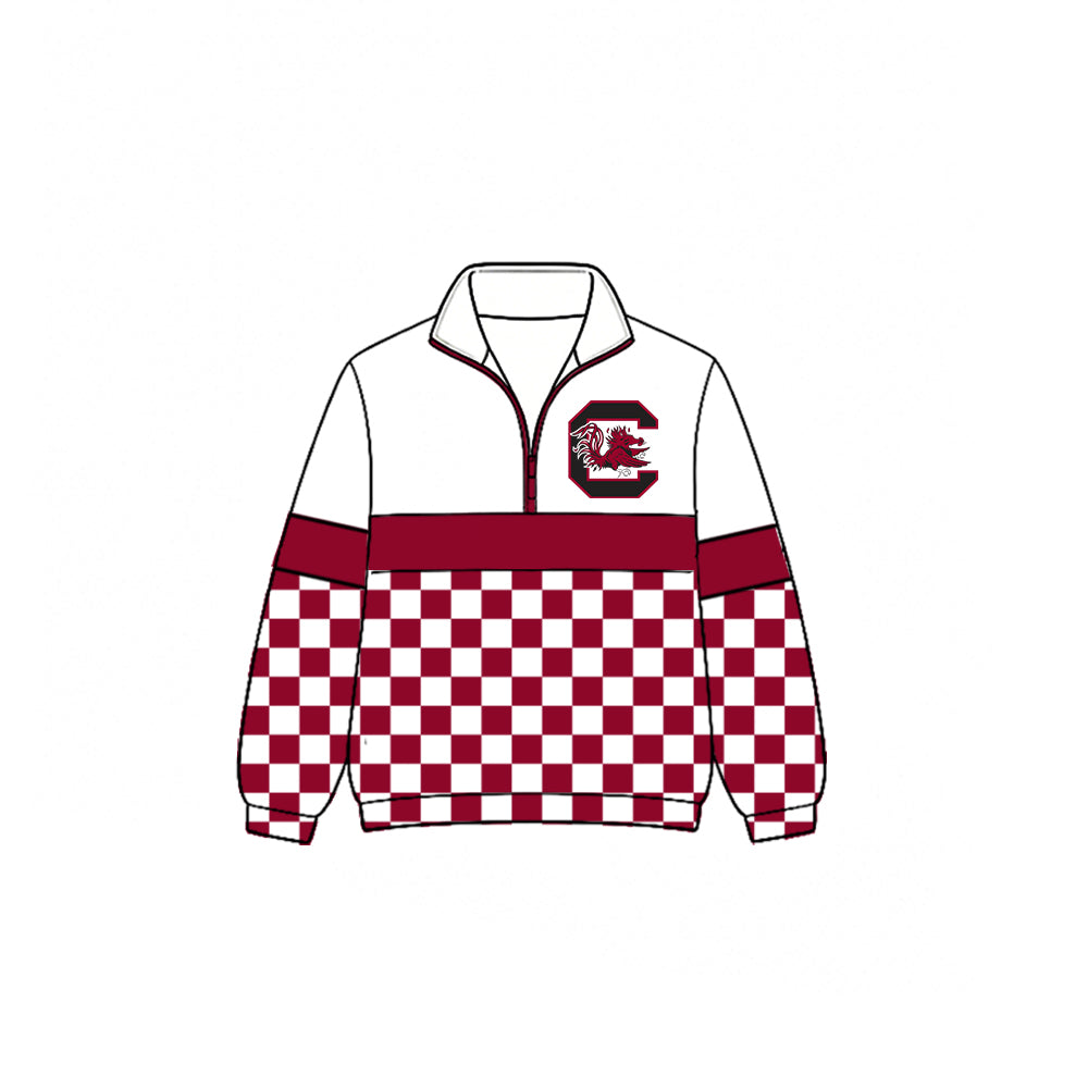 (Custom Design Preorder MOQ 5)  Teams Gamecock Plaid Print Kids & Adult Long Sleeve Zipper Pullover Jacket