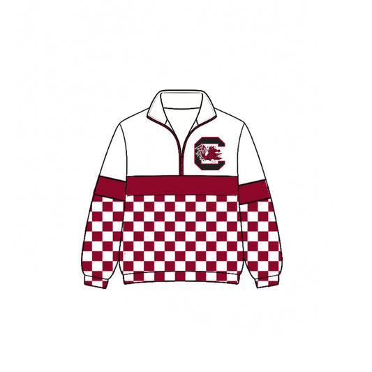 (Custom Design Preorder MOQ 5)  Teams Gamecock Plaid Print Kids & Adult Long Sleeve Zipper Pullover Jacket