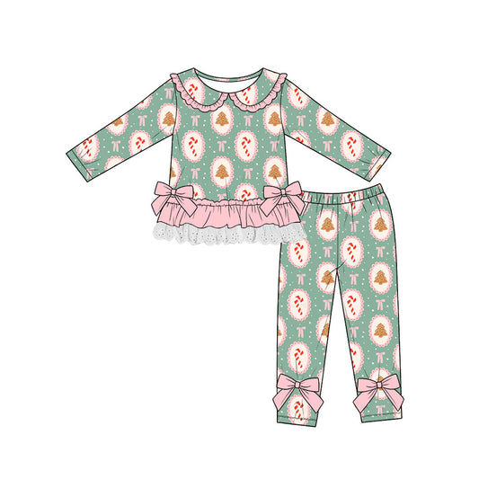 (Custom Design Preorder MOQ 5) Gingerbread Candy Bows Ruffle Top Legging Pants Girls Christmas Clothes Set