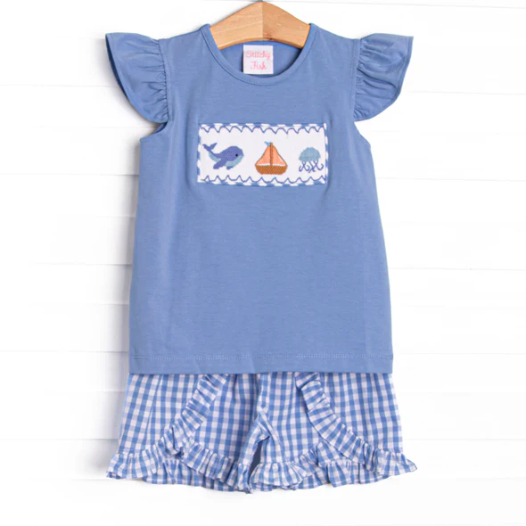 (Custom Design Preorder MOQ 5)  Whale Boat Blue Top Plaid Shorts Girls Summer Outfits