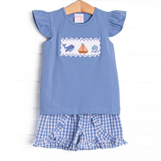 (Custom Design Preorder MOQ 5)  Whale Boat Blue Top Plaid Shorts Girls Summer Outfits