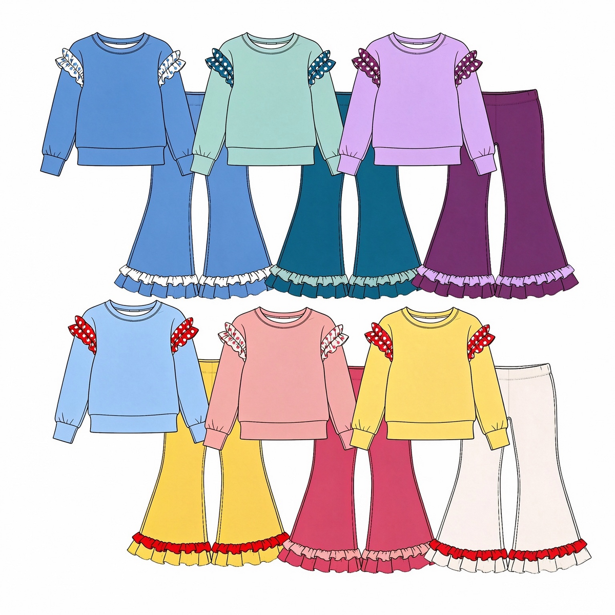 (Custom Design Preorder MOQ 5 Each) Cartoon Princess Blank Cotton Girls Ruffles Clothes Set Sisters Wear