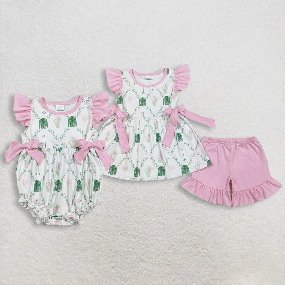 Sibling Baby Girls Pink Flower Golf Checked Tunic Ruffle Shorts Clothes Set Rompers