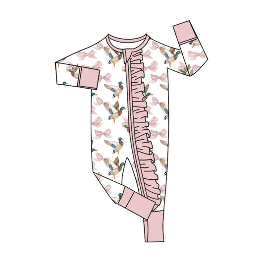(Custom Design Preorder MOQ 5 ) Mallard Duck Bows Print Baby Girls Fall Zipper Sleeper Romper