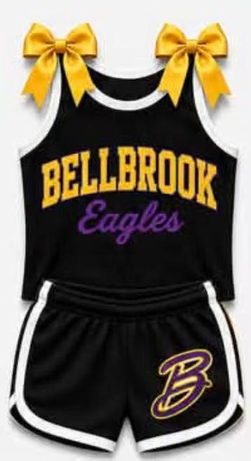 (Custom Design Preorder MOQ 5) Girls Bellbrook Bow Strap Tank & Black Shorts Sport Team Outfit