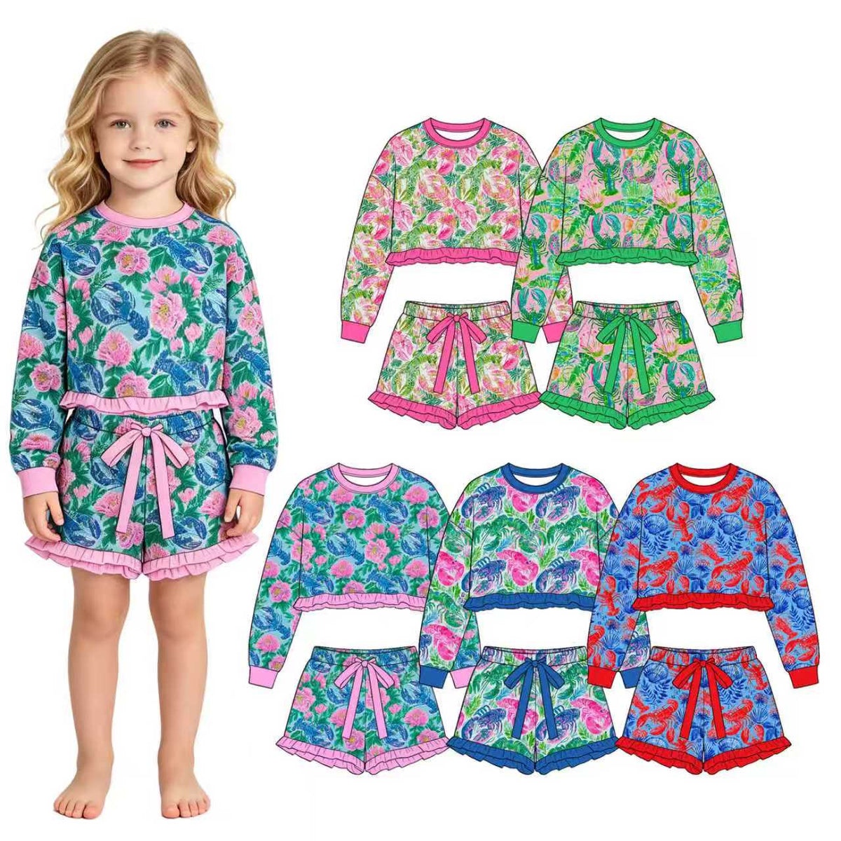 (Custom Design Preorder MOQ 5 Each)Seaweed Flowers Crayfish Print Long Sleeve Top Shorts Girls Clothes Set Sisters Wear