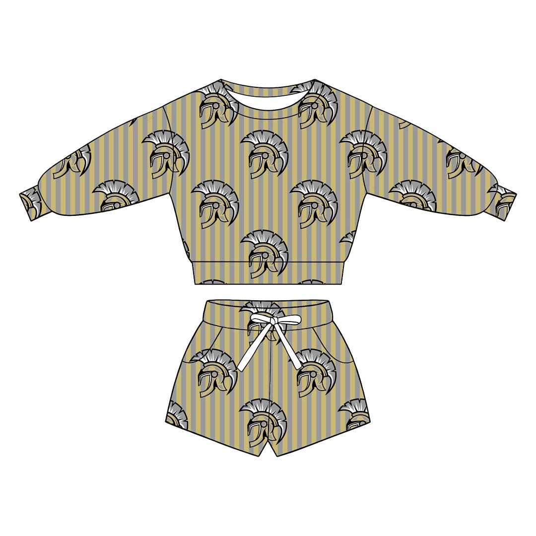 (Custom Design Preorder MOQ 5) Teams Spartans Stripes Long Sleeve Top Pockets Shorts Mommy and Me Outfits