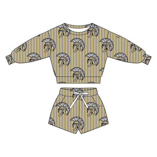 (Custom Design Preorder MOQ 5) Teams Spartans Stripes Long Sleeve Top Pockets Shorts Mommy and Me Outfits
