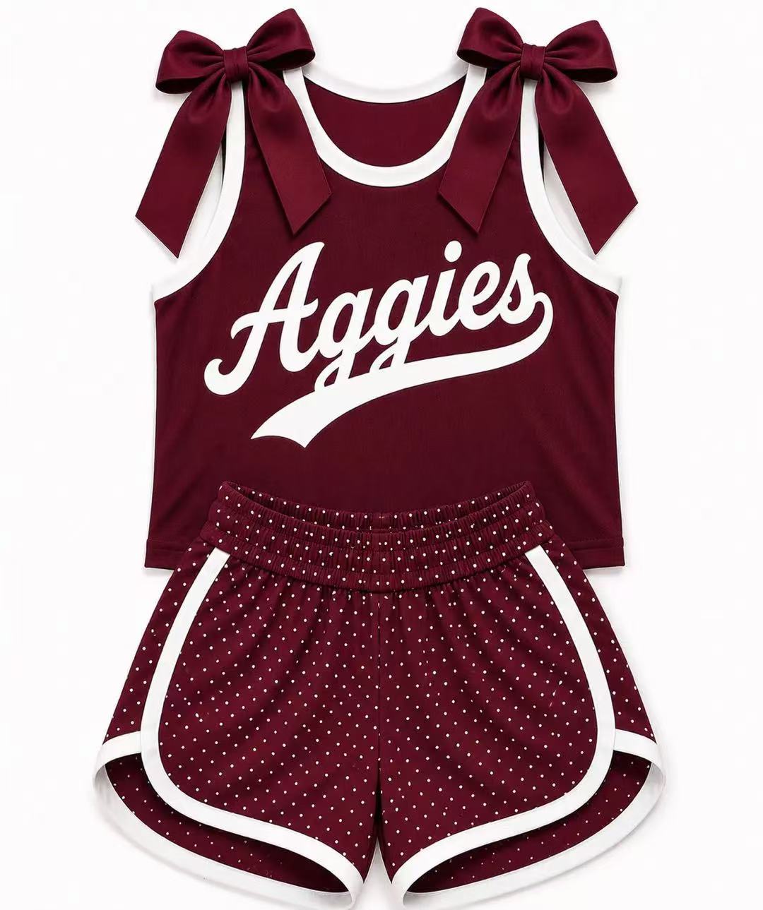 (Custom Design Preorder MOQ 5) Girls Maroon Bow Strap Aggies Tank  & Shorts Sport Team Outfit