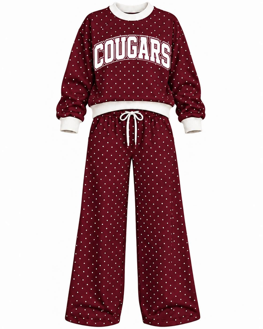 Preorder( 5  MOQ) Baby Girls Cougars Maroon Polka Dot Outfit