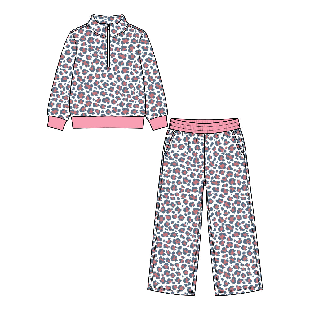 (Custom Design Preorder MOQ 5) Leoaprd Zipper Top Pockets Pants Girls Clothes Set Sisters Wear