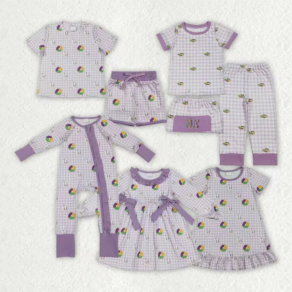 Sibling Baby Boys Girls  Mardi Gras Donuts Boots Pajama Set Dress and Zipper Romper