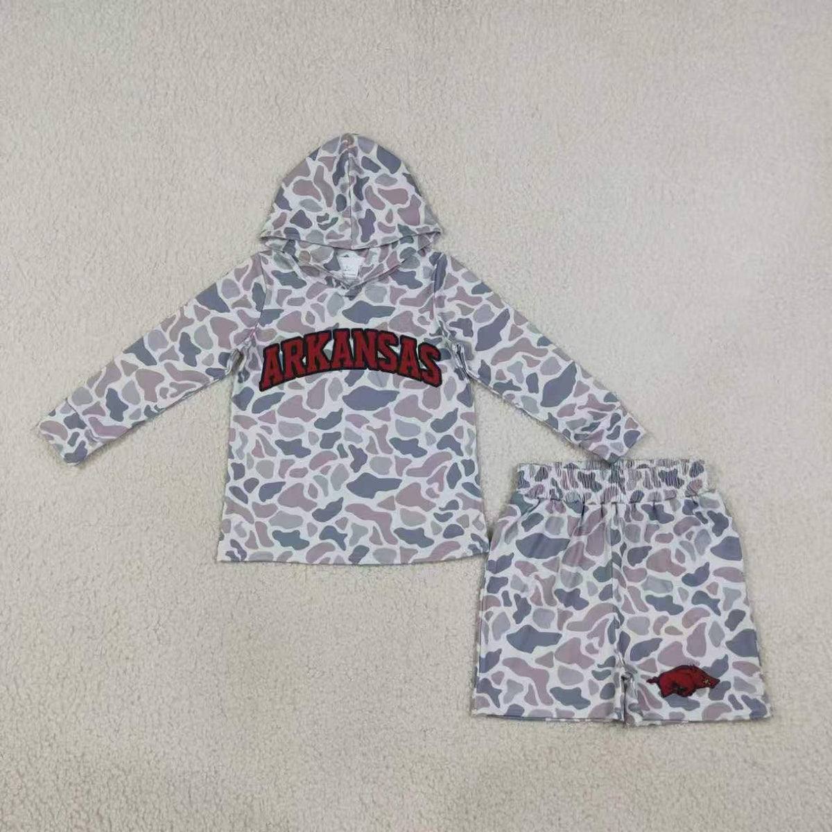 Sibling Baby Boys Sport Team Grey Camo Long Sleeve Hoodie Top with Shorts Outfit