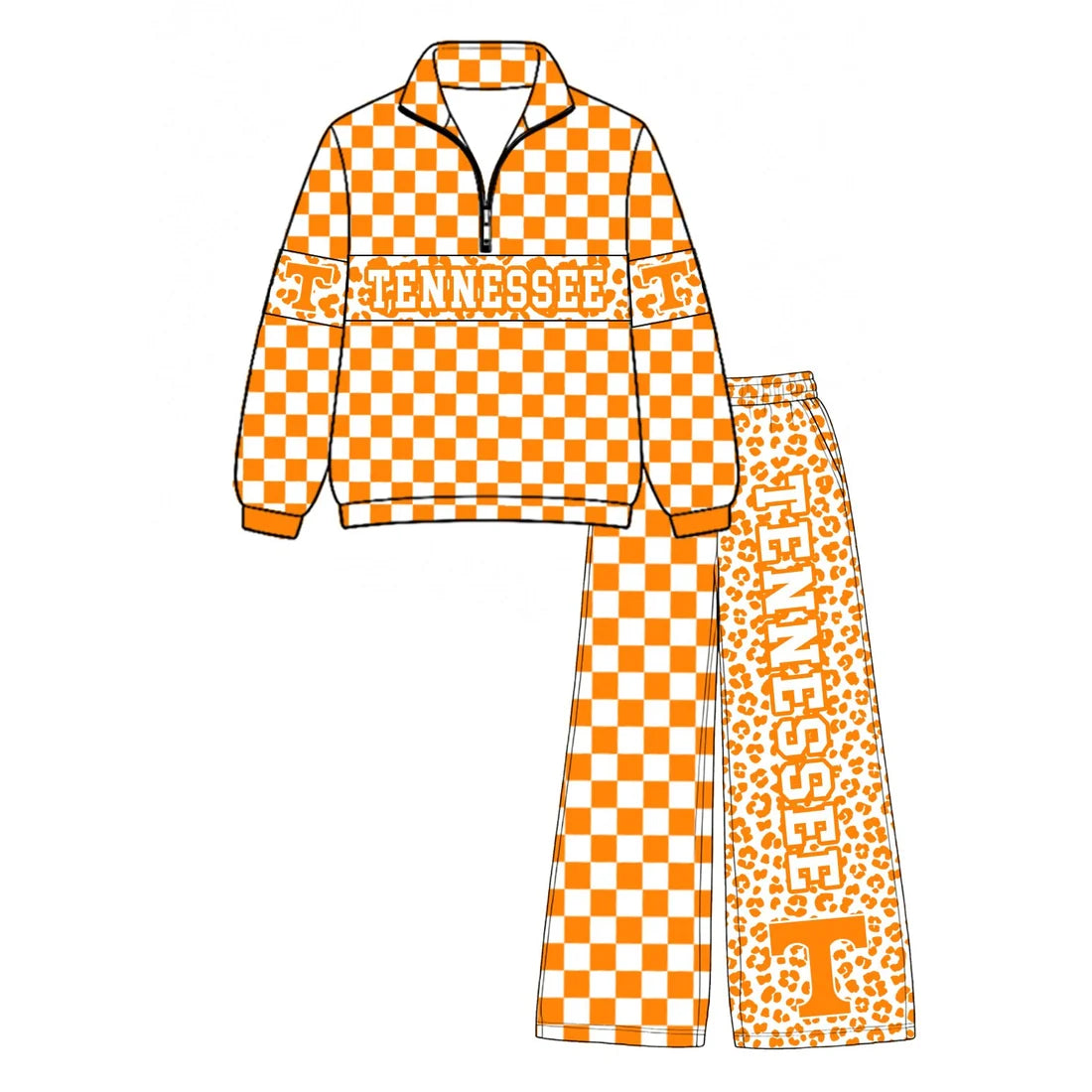 (Custom Design Preorder MOQ 5) Baby Boys Orange Checked Leopard Tennessee Zip Pullover Pockets Pants Team Clothes Sets
