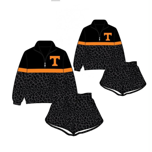 (Custom Design Preorder MOQ 5)  Teams Tennessee Black Leopard Print Kids & Adult Long Sleeve Zipper Top Shorts Clothes Set