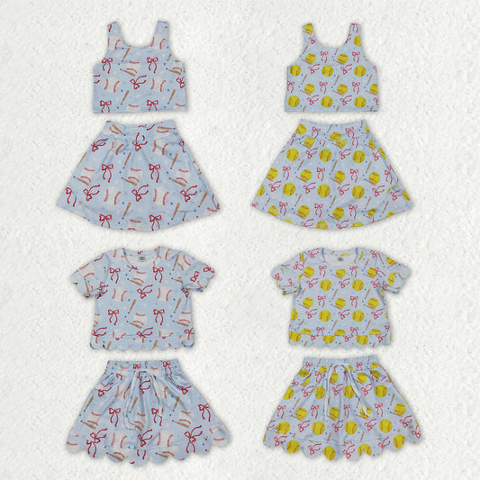 Sibling Baby Girls Bows Baseballs Softballs Top Skirt Short Team Yoga Active Scallop Clothes Sets