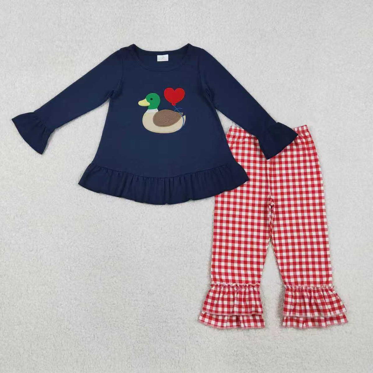 Sibling Baby Girls Boys Embroidery Duck Heart Navy Top Red Gingham Pants Set Footie Romper