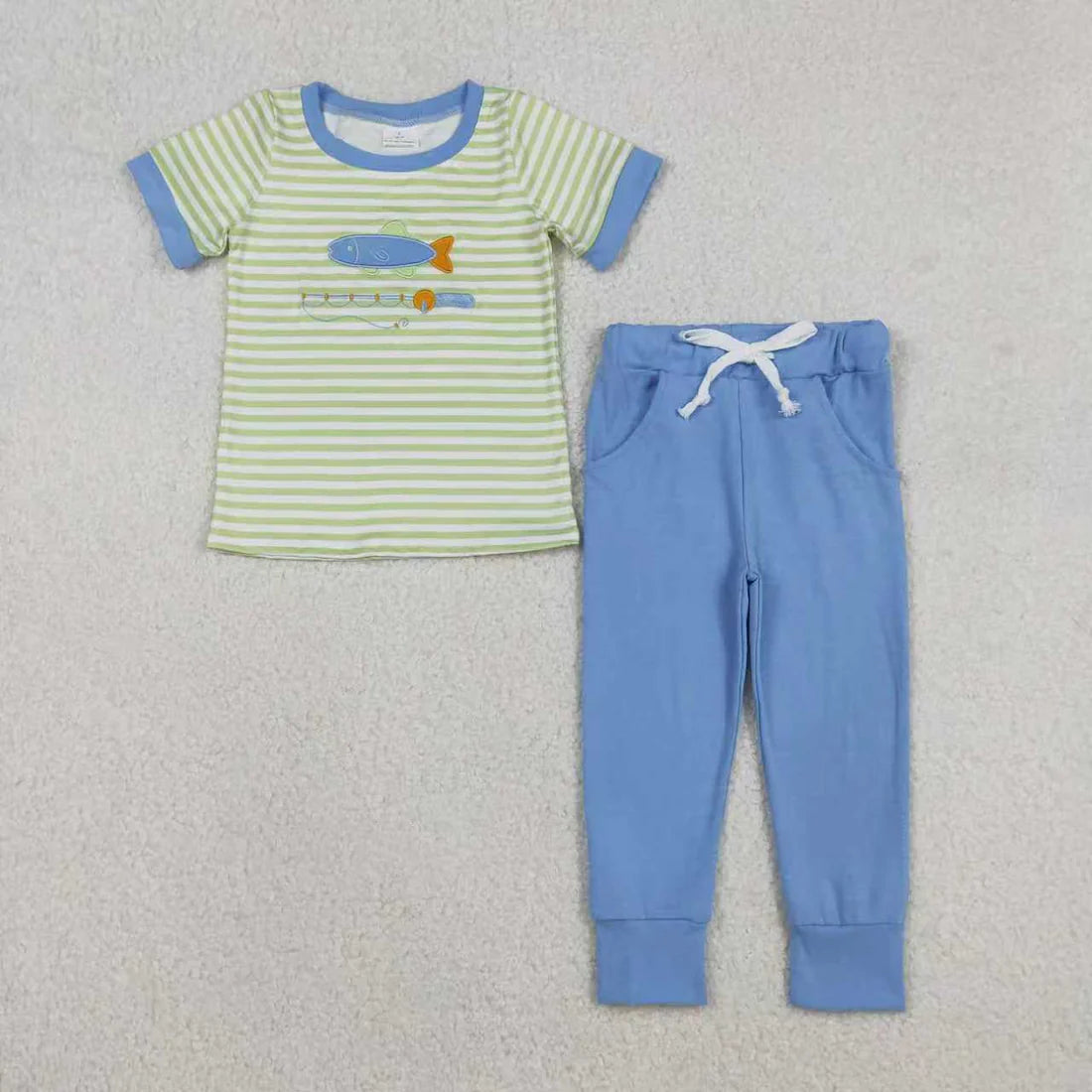Sibling Baby Boys Embroidery Fishing Stripe Top Pockets Pant Hunting Clothes Sets Footie Romper