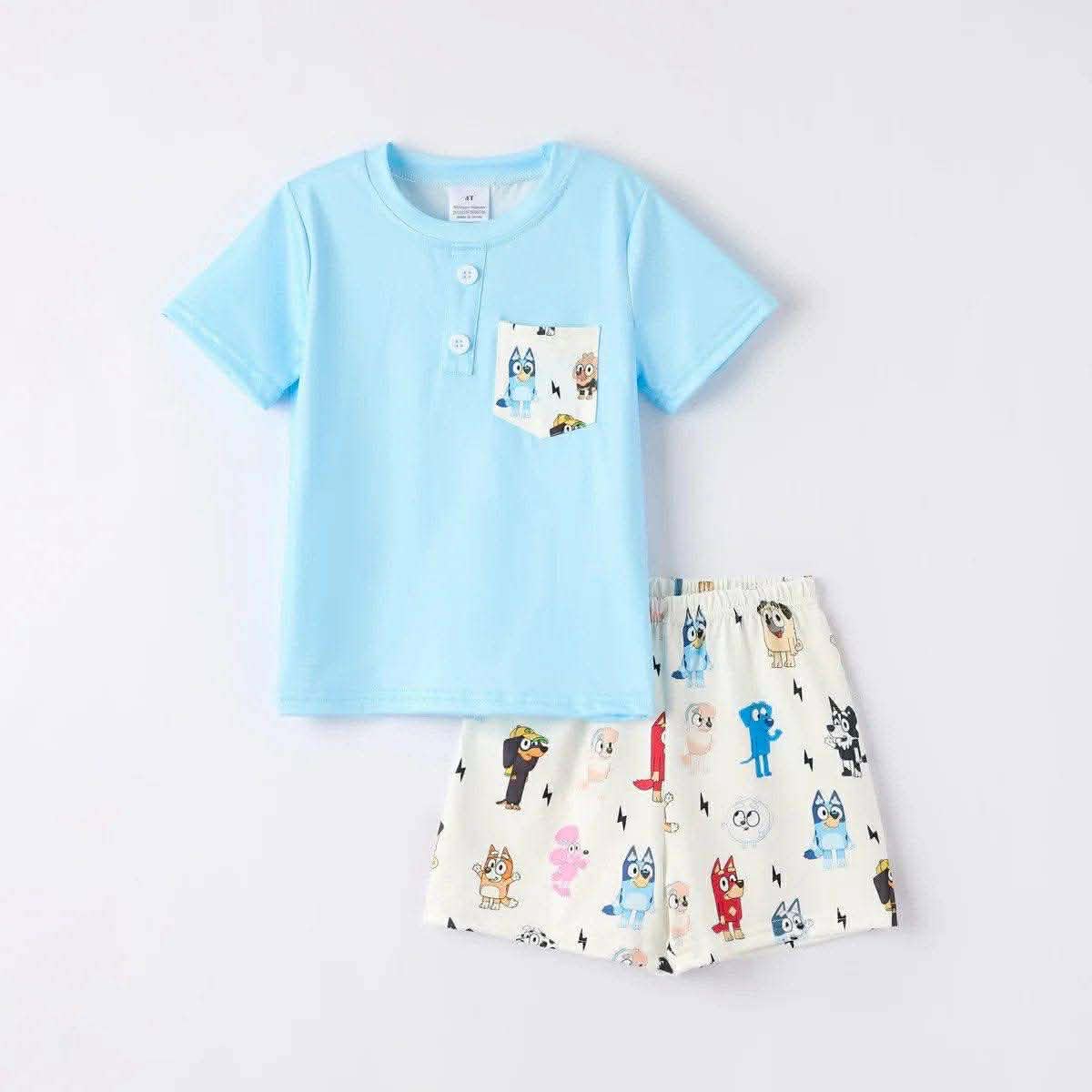 (Custom Design Preorder MOQ 5) Blue Pocket Top Cartoon Dog Shorts Boys Summer Outfits